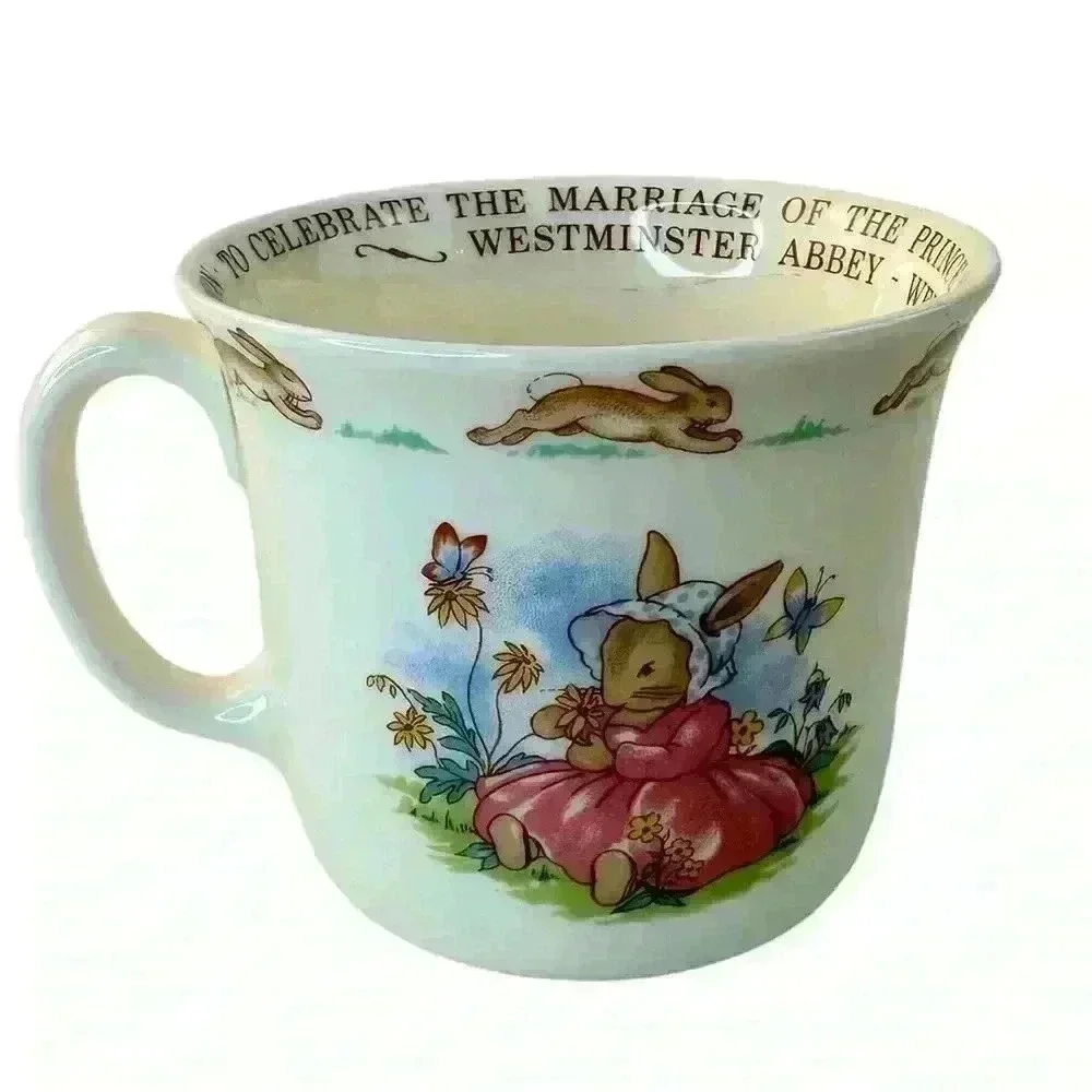 Vintage Royal Doulton Bunnykins Fine Bone China Cup Mug Rabbits Flowers